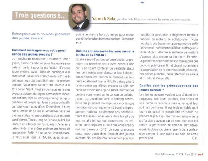 DROIT ET PATRIMOINE : 3 Questions à... Yannick SALA DROIT ET PATRIMOINE : 3 Questions à... Yannick SALA