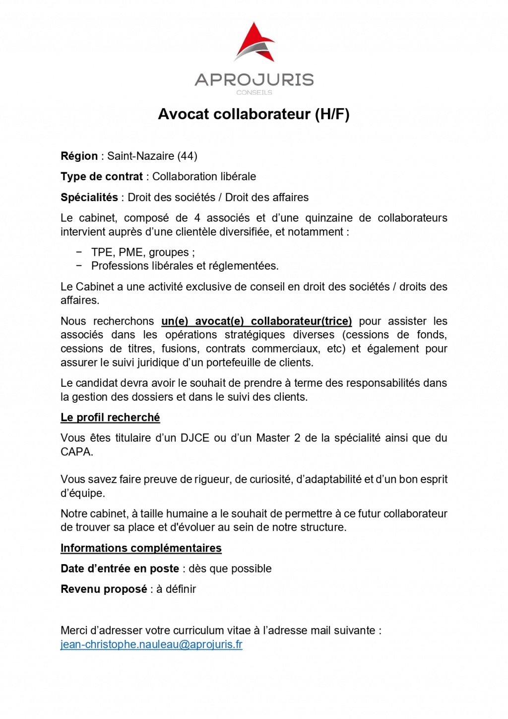 OFFRE AVOCAT COLLABORATEUR (H/F) SAINT-NAZAIRE