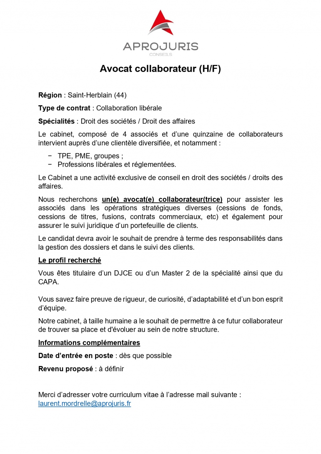 OFFRE AVOCAT COLLABORATEUR (H/F) SAINT-HERBLAIN