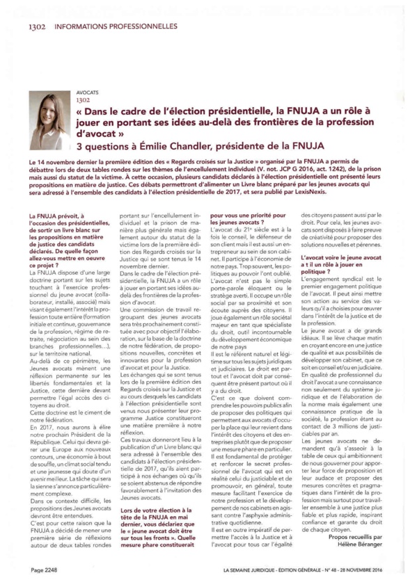 Retour dans la Semaine Juridique sur la conférence "Regards croisés sur la Justice - Quel projet Justice 2017 ?"