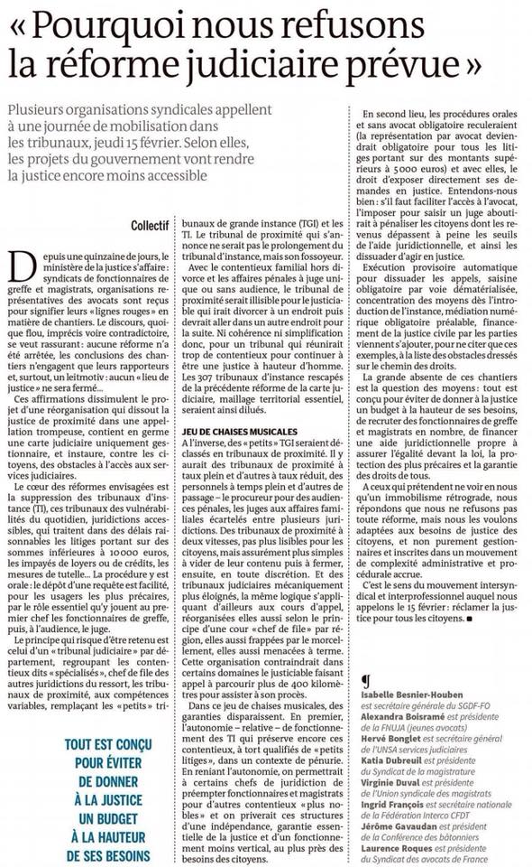 Pourquoi nous refusons la réforme judiciaire prévue ! Tribune Le Monde