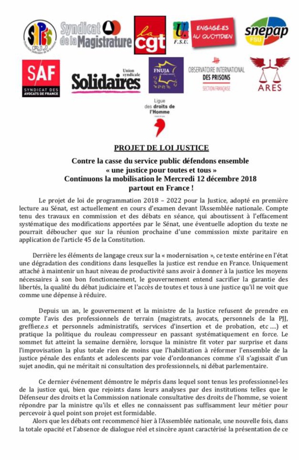 Mobilisation contre le PLJ Justice - Nouvelle journée "Justice morte" le 12 décembre !