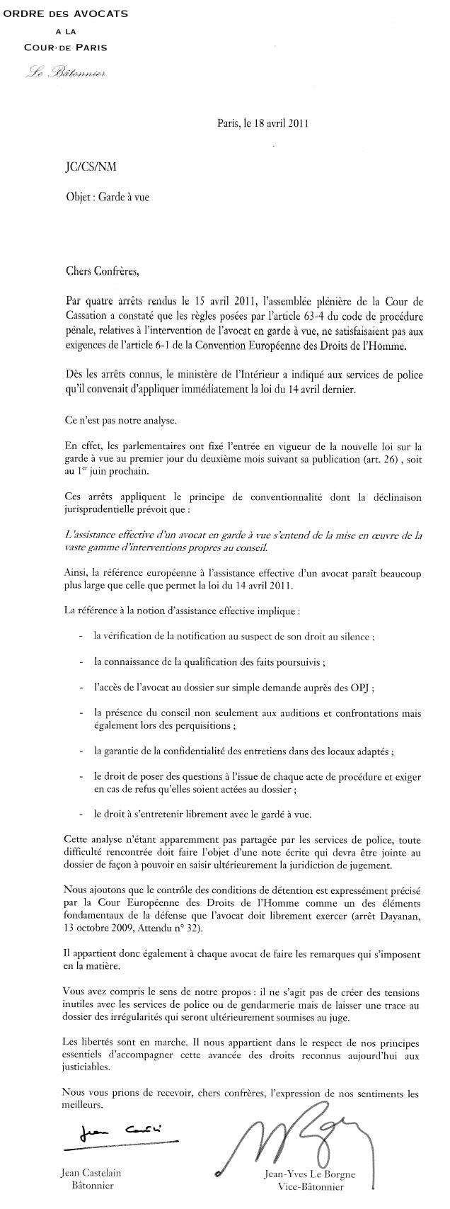 Garde à Vue : Lettre du Bâtonnier de Paris aux Avocats Parisiens