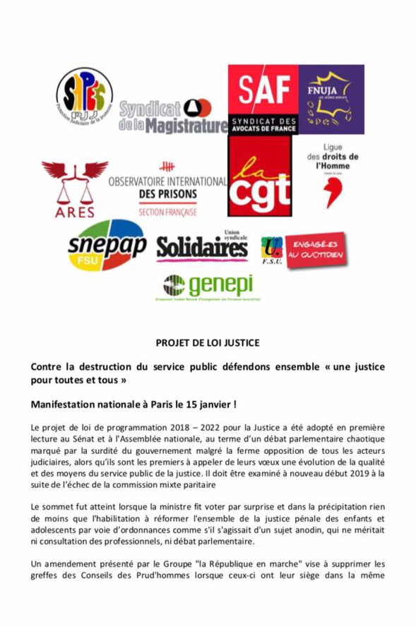 Mobilisation contre le PLJ Justice - Manifestation à Paris le 15 janvier 2019 !