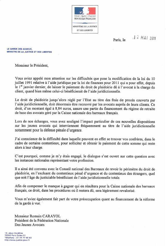 Droits de Plaidoiries : Réponse du Garde des Sceaux au Président de la FNUJA Droits de Plaidoiries : Réponse du Garde des Sceaux au Président de la FNUJA