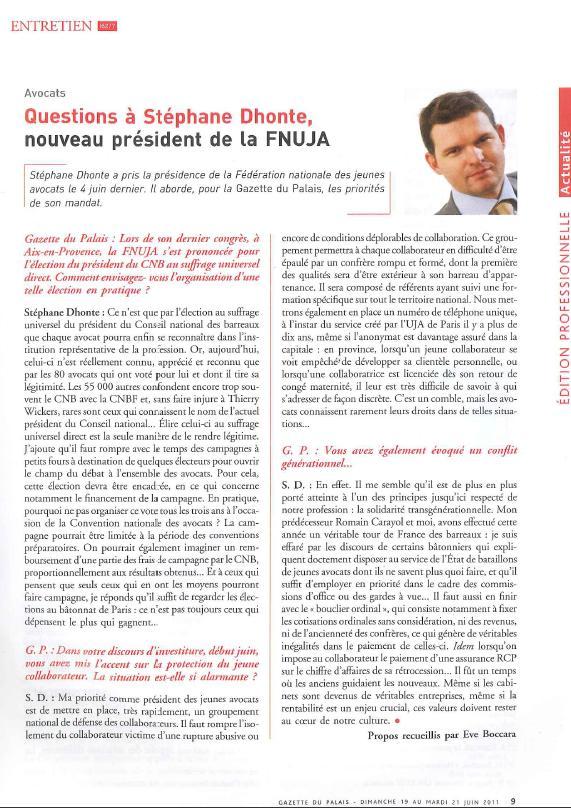 Interview de Stéphane DHONTE, Président de la FNUJA, dans la Gazette du Palais