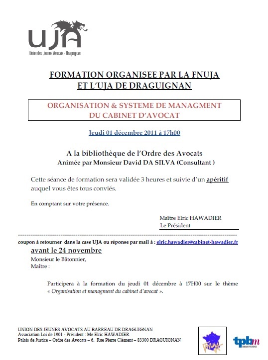 DRAGUIGNAN - Formation : ORGANISATION & SYSTEME DE MANAGMENT DU CABINET D'AVOCATS