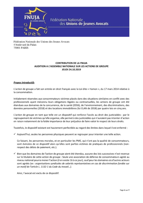 Audition à l'Assemblée Nationale de la FNUJA "action groupe"