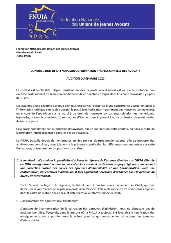 Contribution de la FNUJA sur la formation professionnelle des avocats