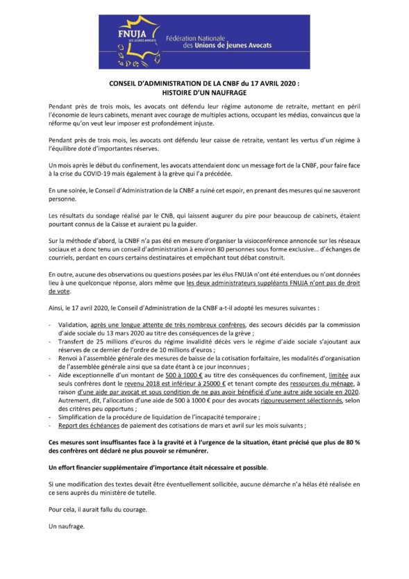 Conseil d'Administration de la CNBF du 17 avril 2020 