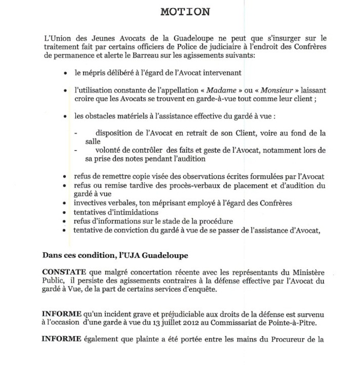 GUADELOUPE : Motion dénonçant les incidents graves survenus en Garde à Vue, le 13 Juillet 2012 