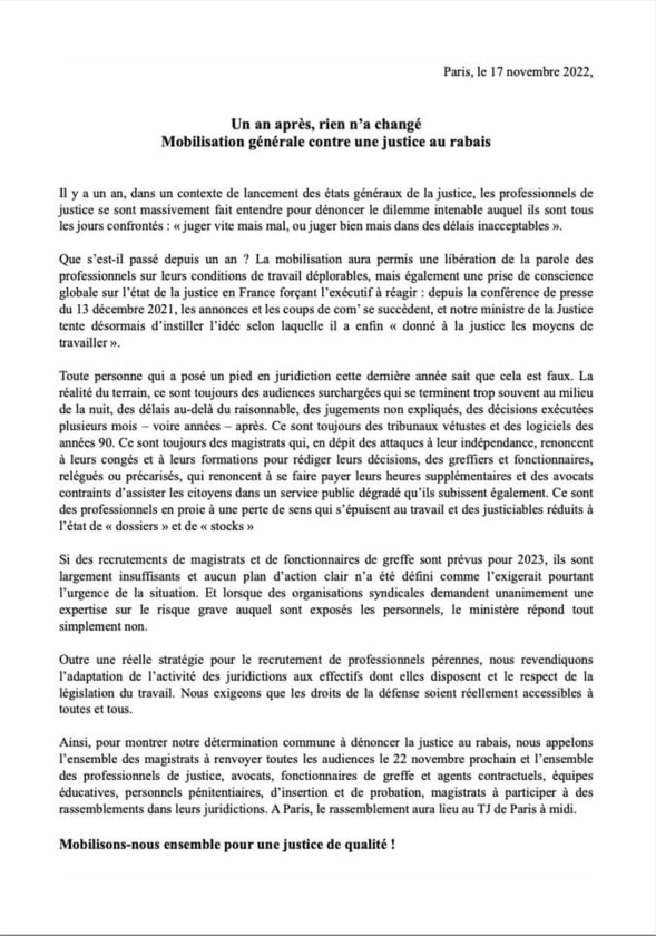 22/11/2022 : La FNUJA et l'intersyndicale interprofessionnelle appelle à une journée de mobilisation