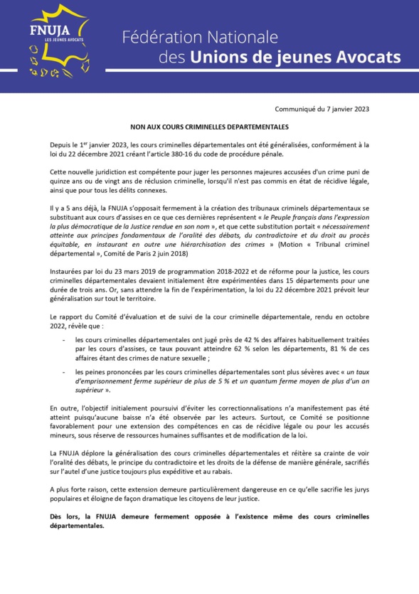 Communiqué "Non aux cours criminelles départementales" Communiqué "Non aux cours criminelles départementales"
