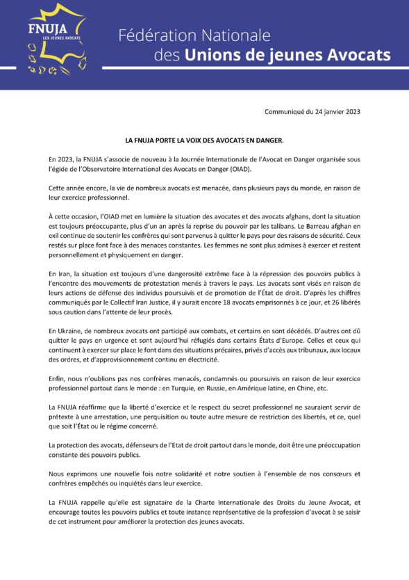 24 janvier 2023 : Journée Internationale de l'avocat en danger