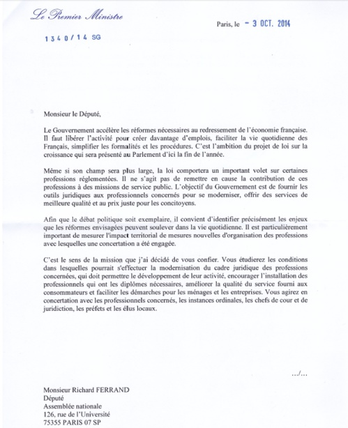 Professions réglementées : Etude d'impact territorial, la lettre de mission de Monsieur le Député FERRAND