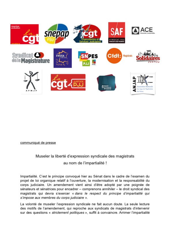 Communiqué de presse des organisations professionnelles de la justice sur la liberté syndicale