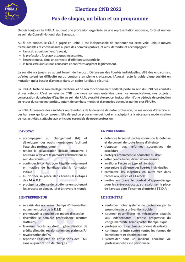 Élections CNB du 28 novembre 2023 : Pas de slogan, un bilan et un programme