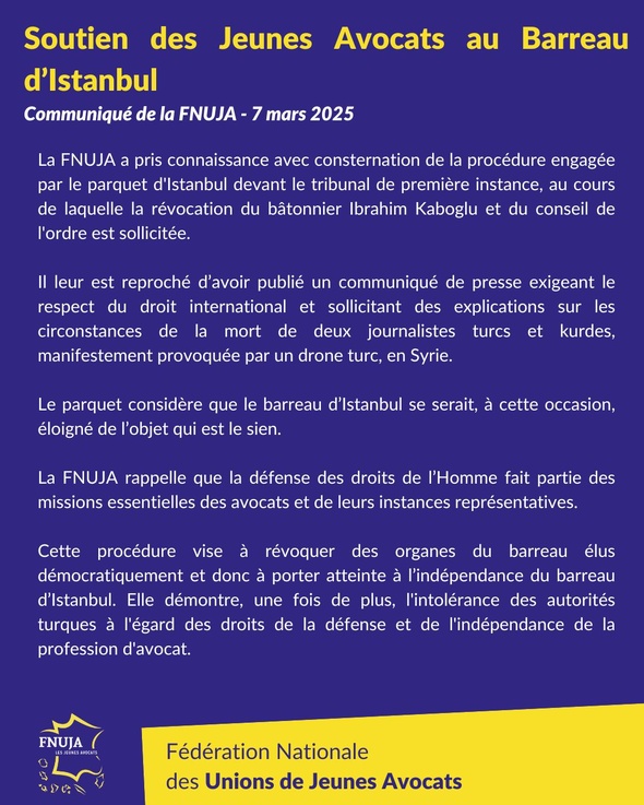 Communiqué de la FNUJA en soutien au Barreau d'Istanbul