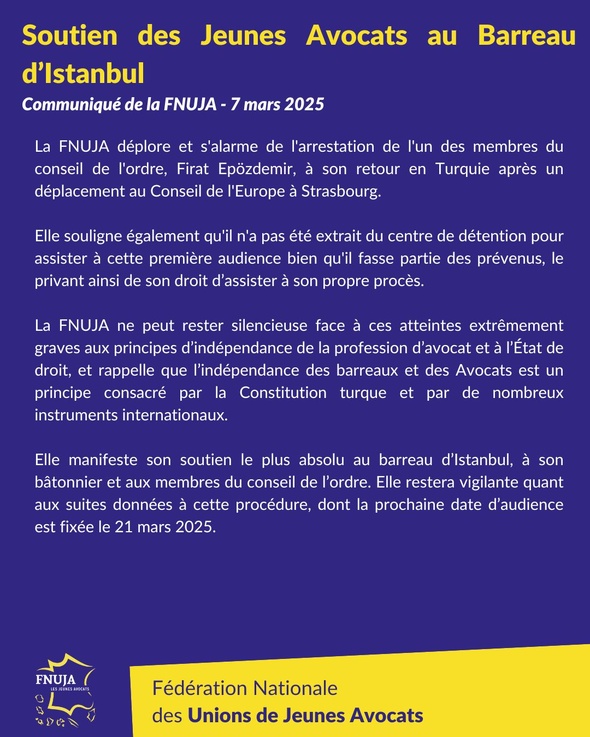 Communiqué de la FNUJA en soutien au Barreau d'Istanbul