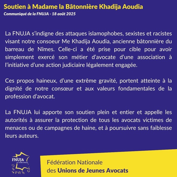Soutien à Madame la Bâtonnière Khadija Aoudia, ancienne Bâtonnière du Barreau de Nîmes