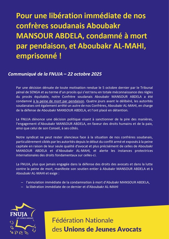 Pour une libération immédiate de nos confrères soudanais Aboubakr MANSOUR ABDELA, condamné à mort par pendaison, et Aboubakr AL-MAHI, emprisonné !