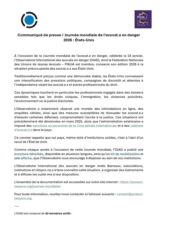 Journée mondiale de l'avocat.e en danger 2026 - États-Unis