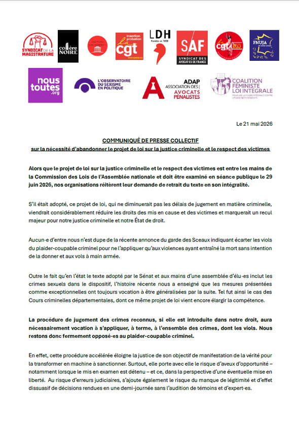 COMMUNIQUÉ DE PRESSE COLLECTIF  sur la nécessité d’abandonner le projet de loi sur la justice criminelle et le respect des victimes