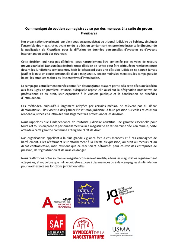 Communiqué de soutien au magistrat visé par des menaces à la suite du procès Frontières