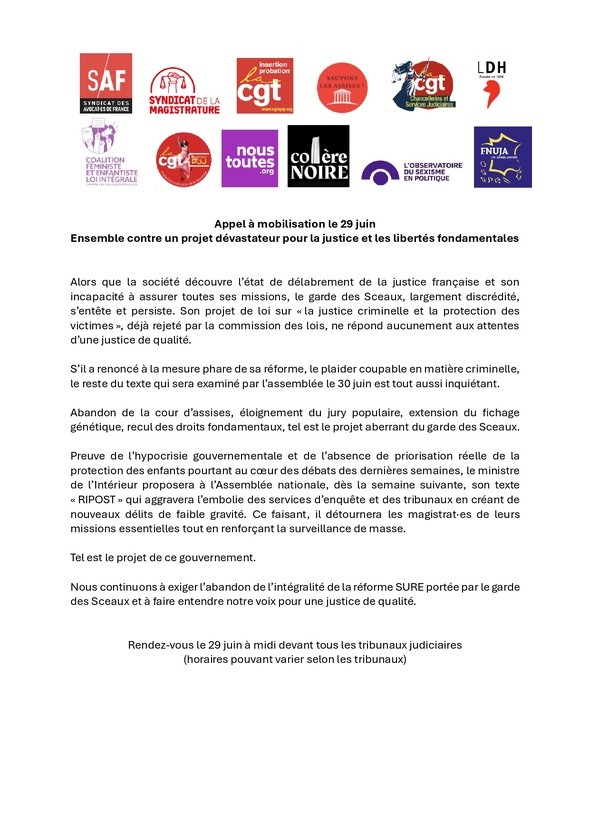 Appel à mobilisation le 29 juin : Ensemble contre un projet dévastateur pour la justice et les libertés fondamentales