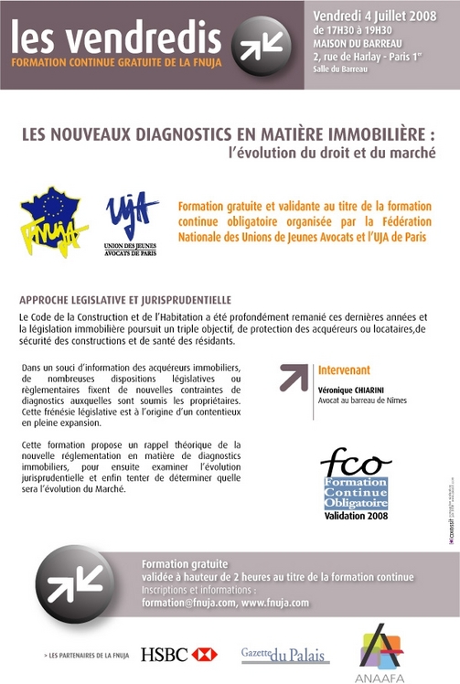 Les vendredis de la FNUJA : formation gratuite du 4 juillet 2008 sur les nouveaux diagnostics en matière immobilière