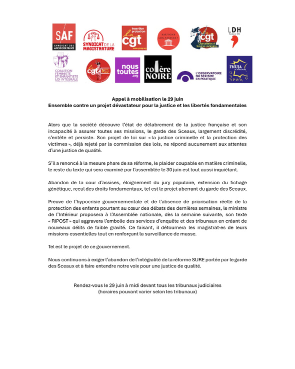 Appel à mobilisation le 29 juin : Ensemble contre un projet dévastateur pour la justice et les libertés fondamentales