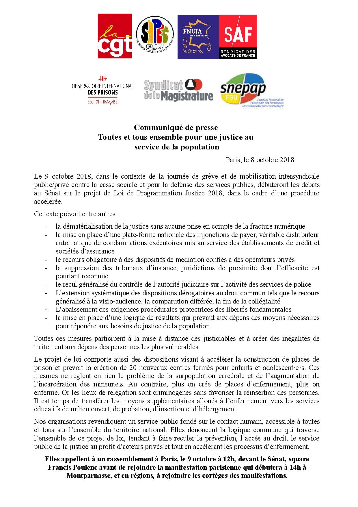 Rassemblement devant le Sénat contre le PLJ Justice - 9 octobre - 12h00 !