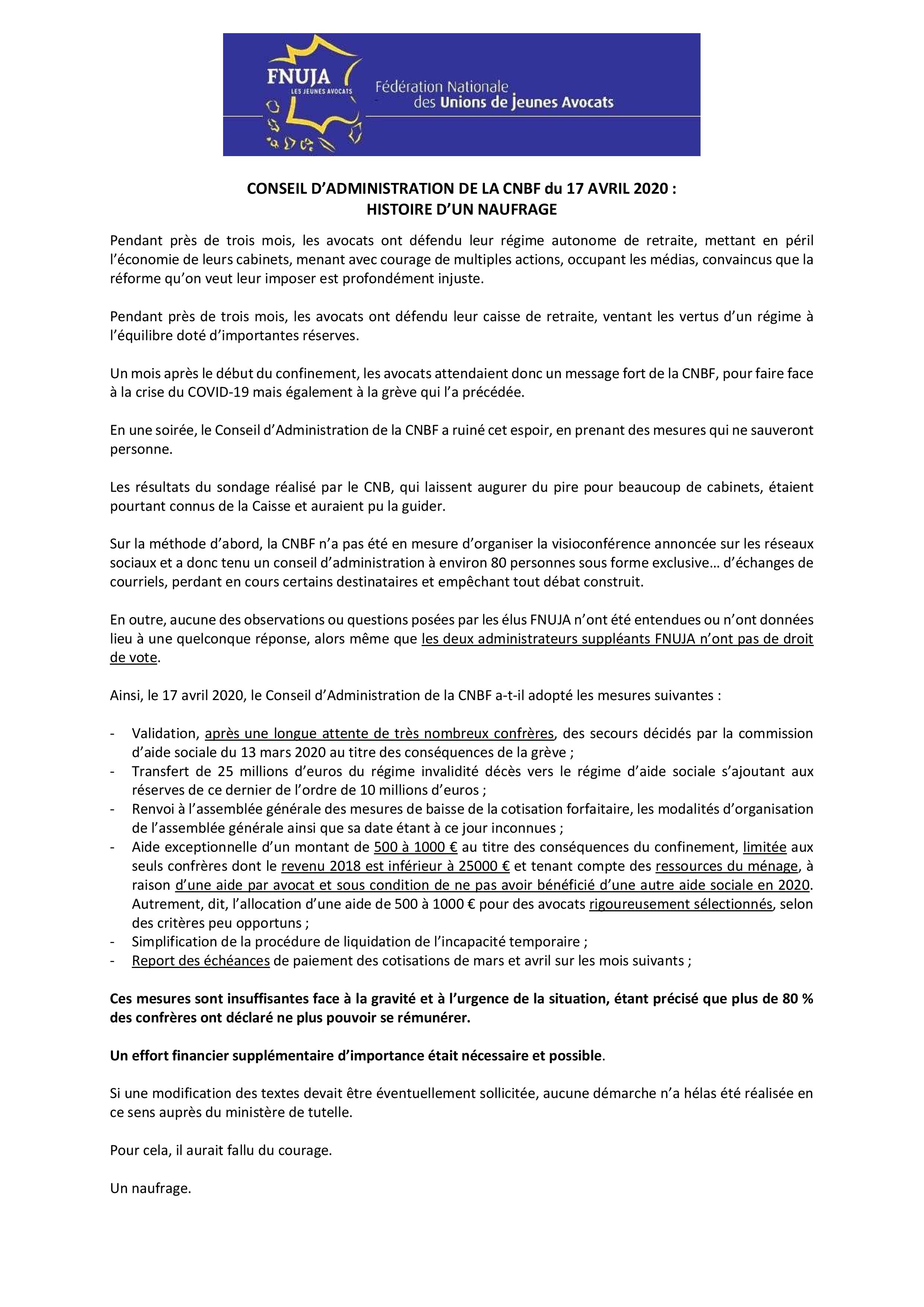 Conseil d'Administration de la CNBF du 17 avril 2020 