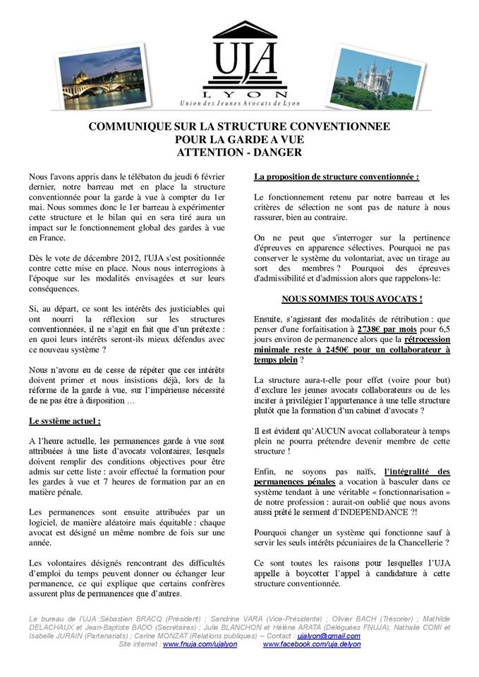 LYON : Communiqué sur les Structures conventionnées pour la Garde à vue