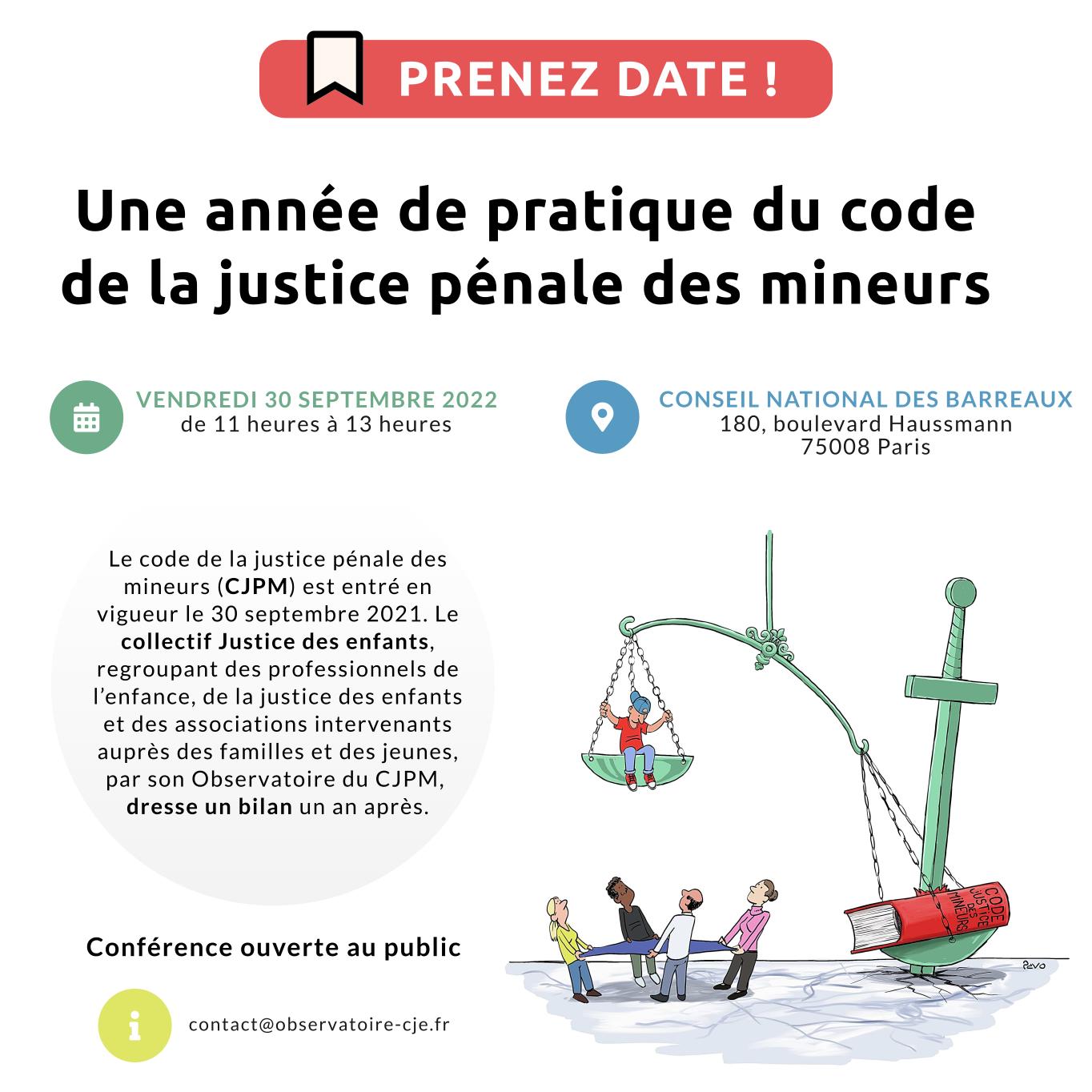 30/09/2022 : Save the Date - La FNUJA et le Collectif Justice des enfants dressent le bilan d'une année de pratique du Code de Justice des Mineurs