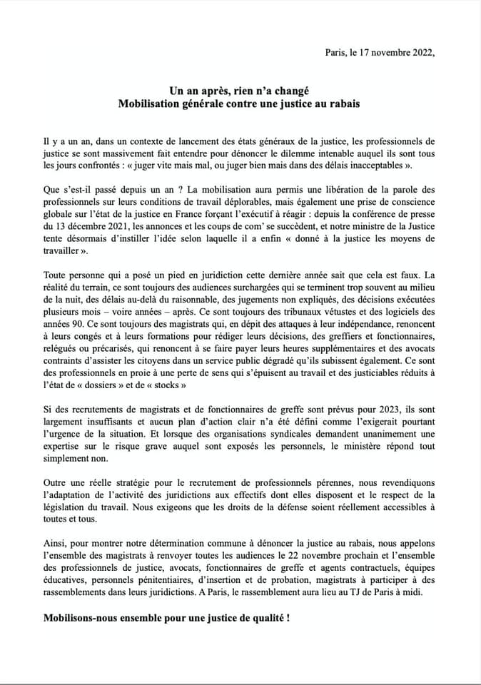 22/11/2022 : La FNUJA et l'intersyndicale interprofessionnelle appelle à une journée de mobilisation