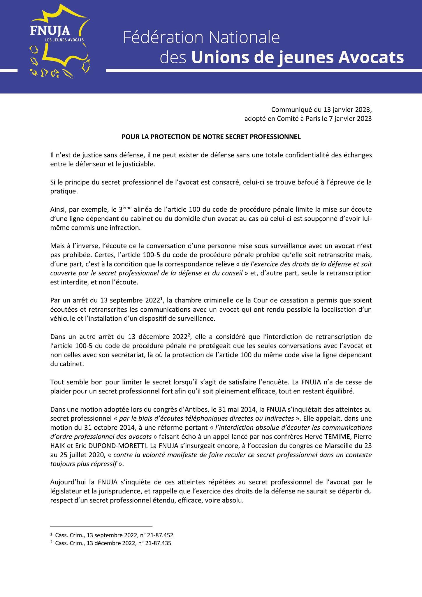 Communiqué "Pour la protection de notre secret professionnel"