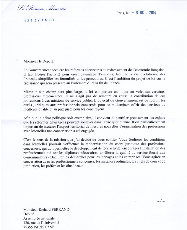 Professions réglementées : Etude d'impact territorial, la lettre de mission de Monsieur le Député FERRAND