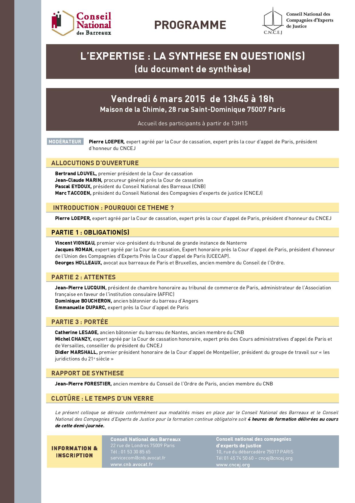 Colloque annuel commun du CNB et du CNCEJ : «l’expertise, la synthèse en question(s)» le 6 mars 2015