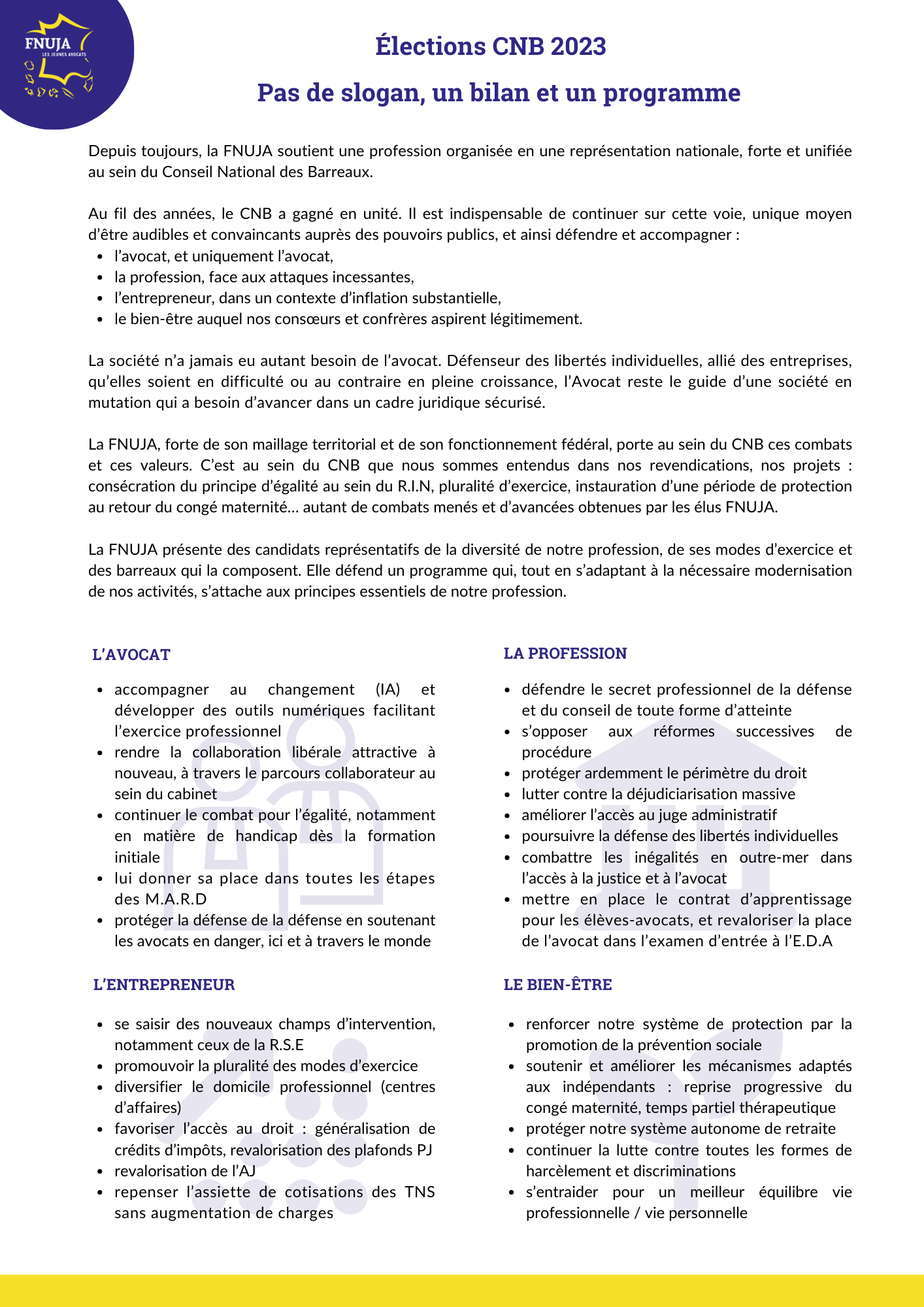 Élections CNB du 28 novembre 2023 : Pas de slogan, un bilan et un programme