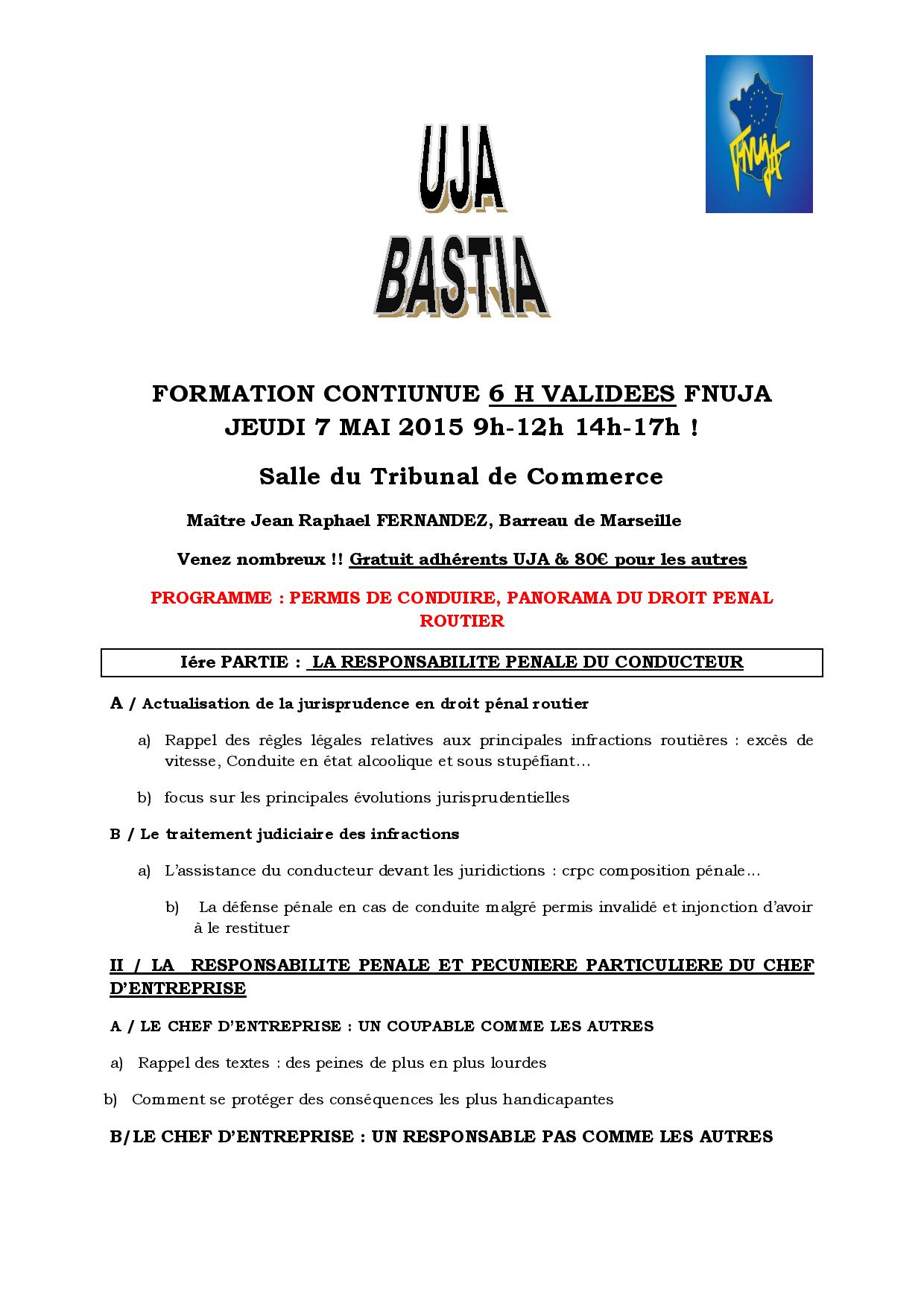 BASTIA -  FORMATION: PERMIS DE CONDUIRE, PANORAMA DU DROIT PENAL ROUTIER