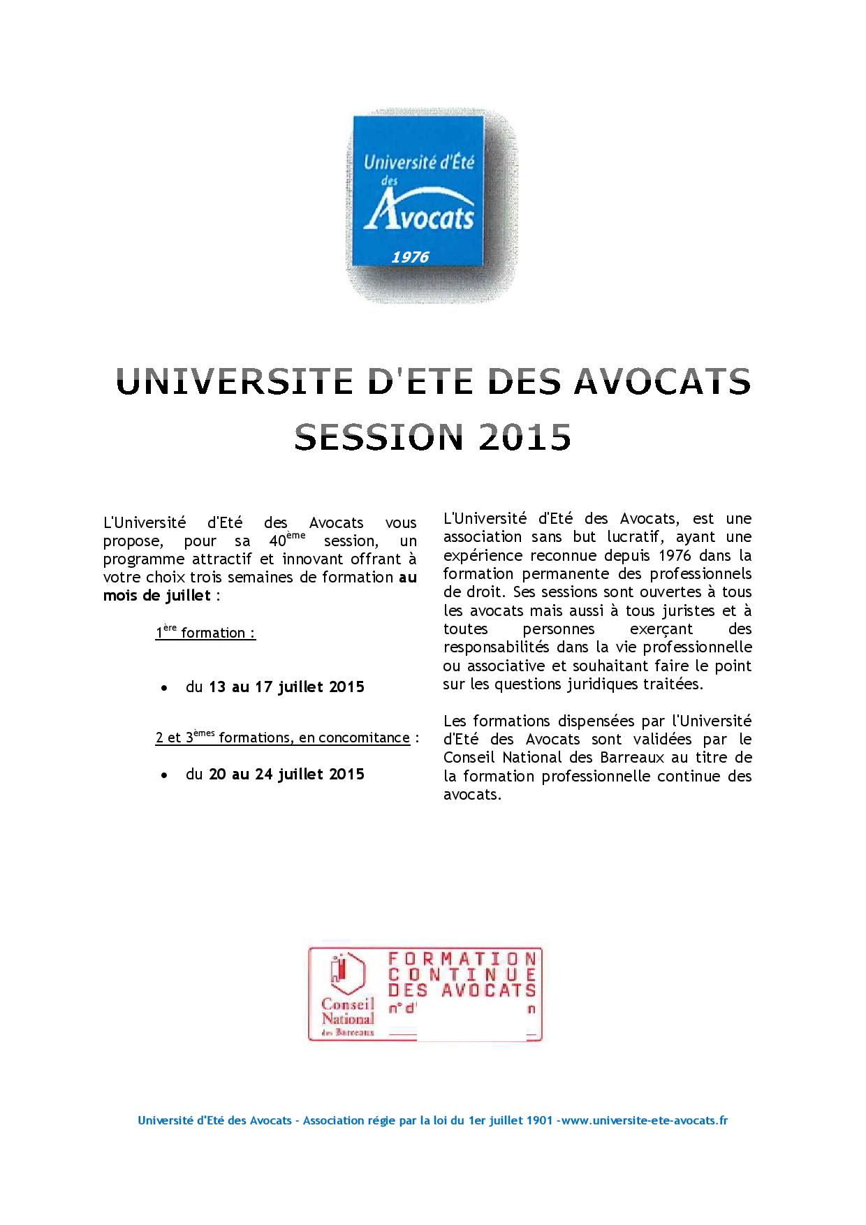 Université d'été des Avocats: programme de formations Université d'été des Avocats: programme de formations
