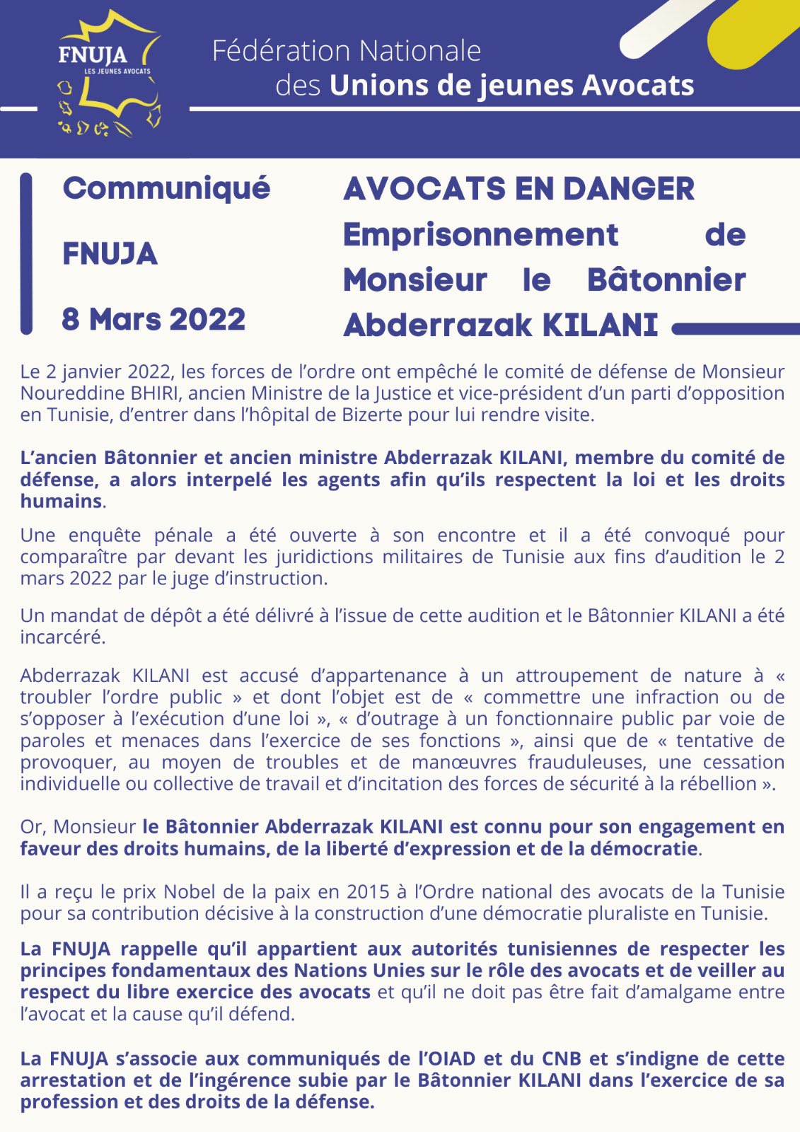 Communiqué : AVOCATS EN DANGER - emprisonnement de Monsieur le Bâtonnier Abderazzak KILANI