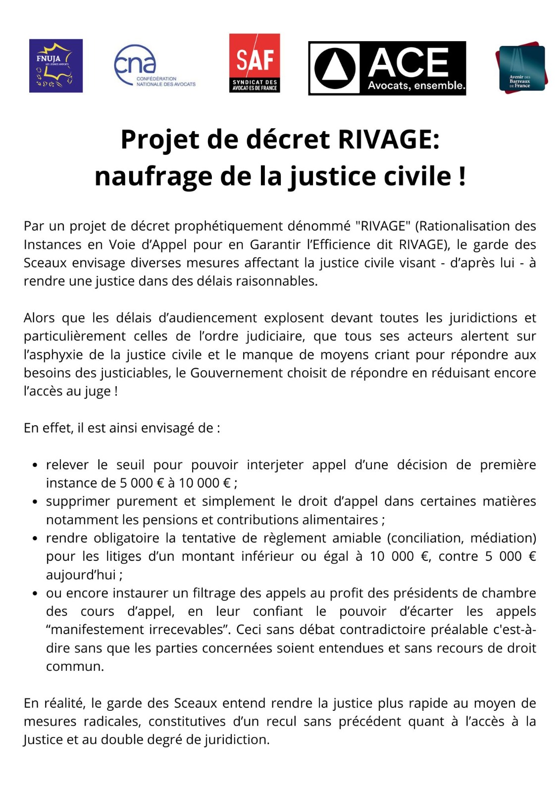 Projet de décret RIVAGE: naufrage de la justice civile !
