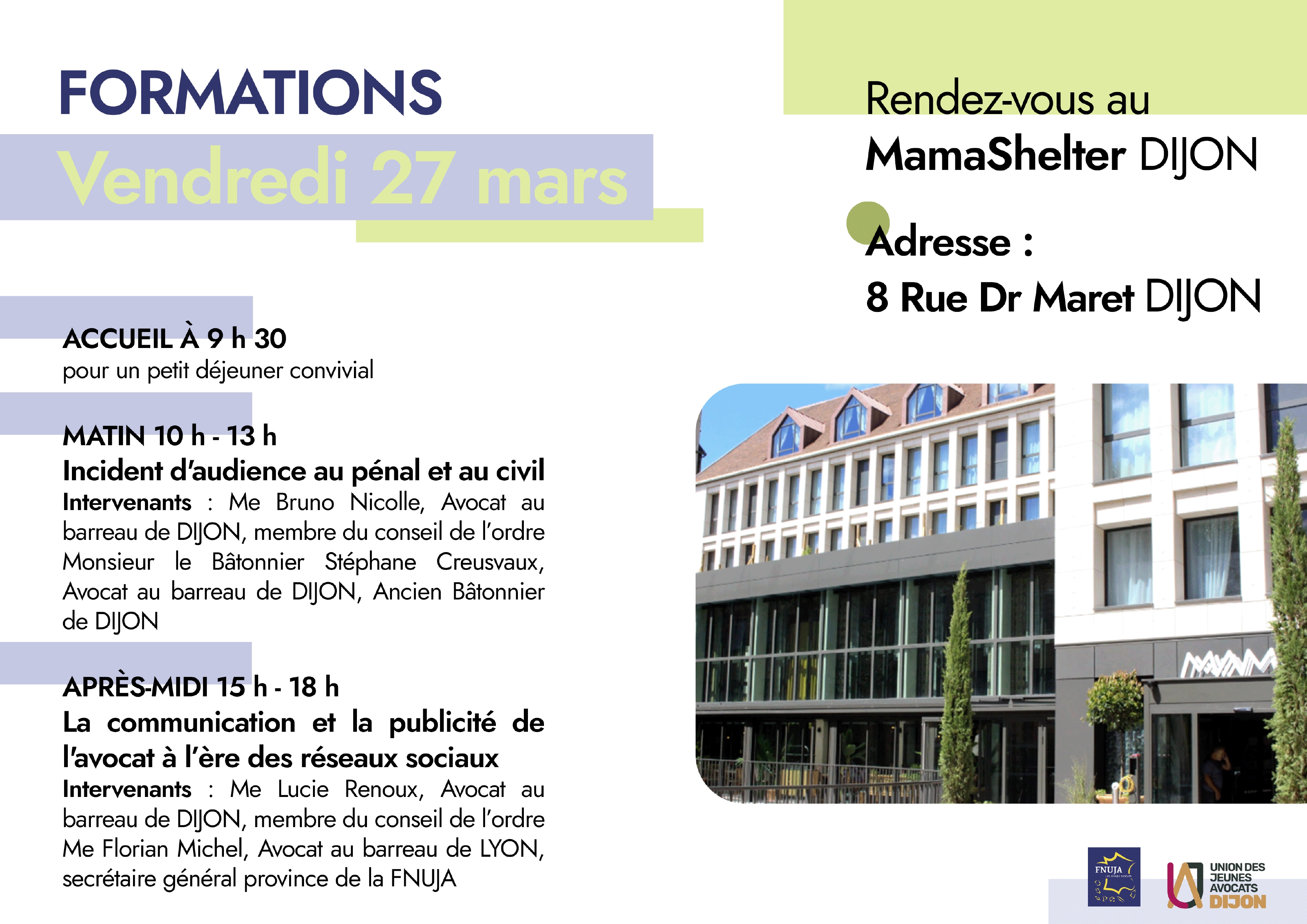 Comité décentralisé de la FNUJA de l'UJA de Dijon du 26 au 29 mars 2026