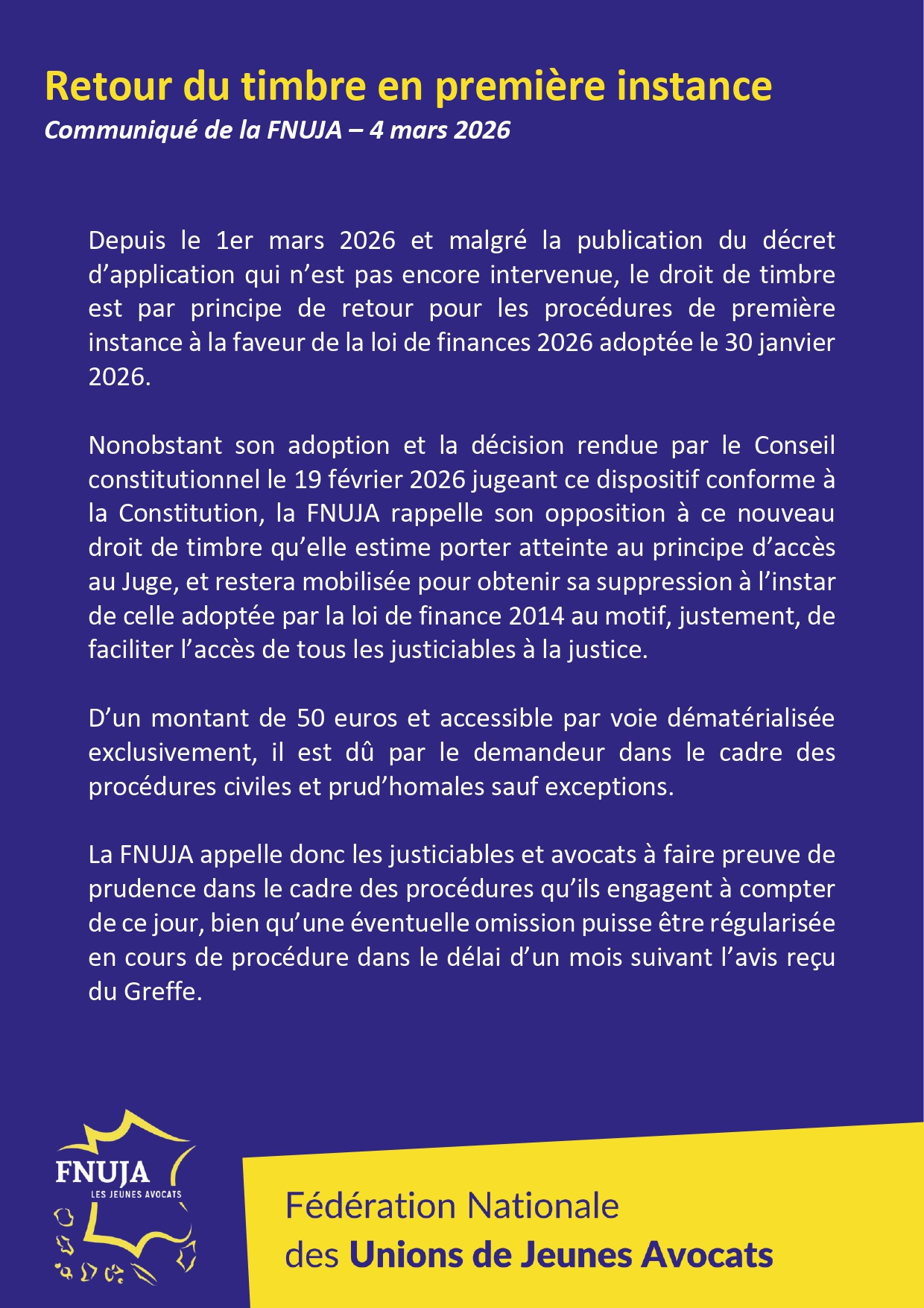 Retour du droit de timbre en première instance : 50 € pour saisir la justice