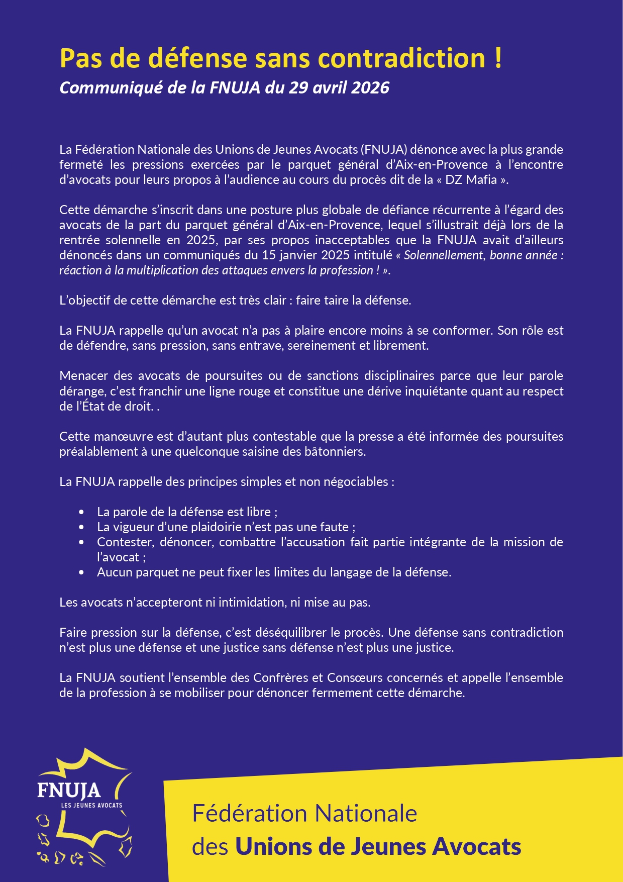 Communiqué FNUJA du 29 avril 2026 : Pas de défense sans contradiction !