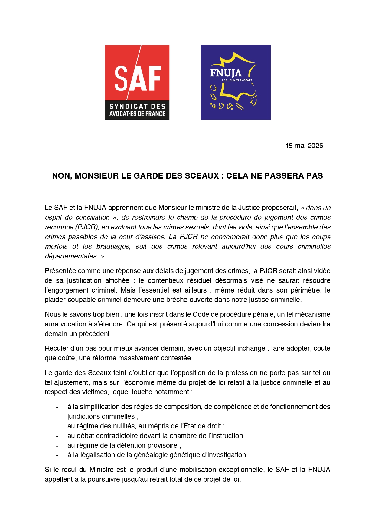 NON, MONSIEUR LE GARDE DES SCEAUX : CELA NE PASSERA PAS