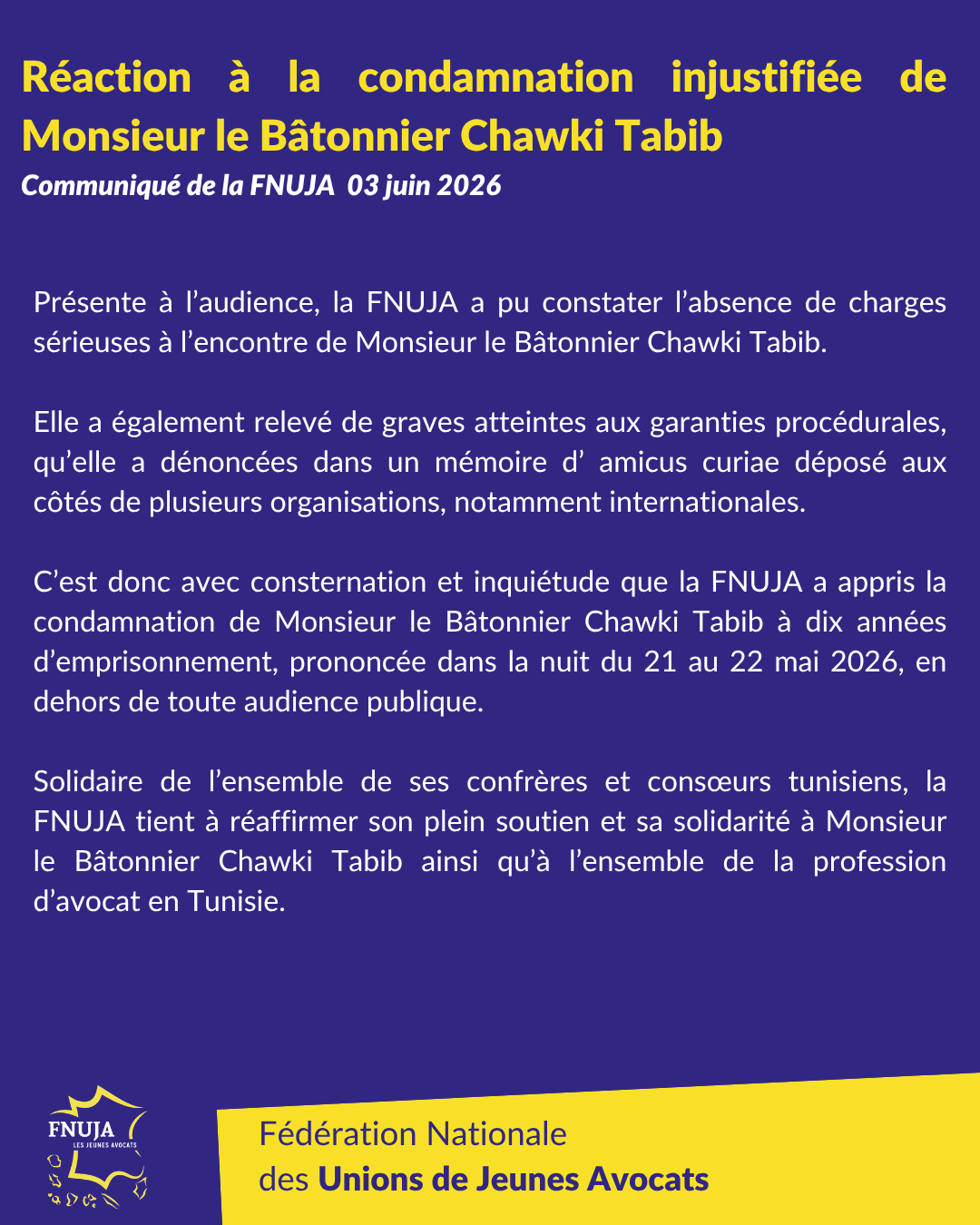 Réaction à la condamnation injustifiée de Monsieur le Bâtonnier Chawki TABIB