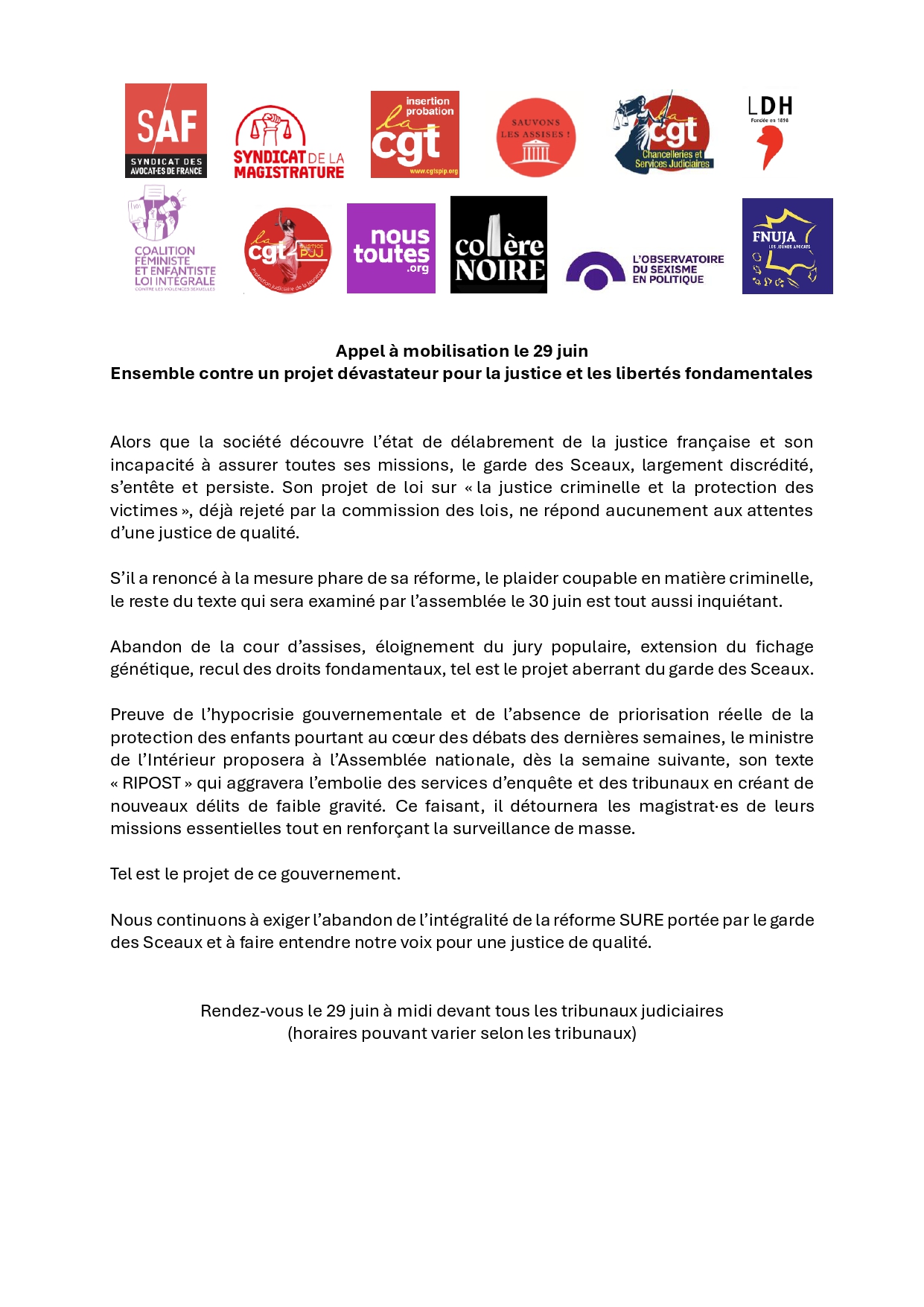 Appel à mobilisation le 29 juin : Ensemble contre un projet dévastateur pour la justice et les libertés fondamentales